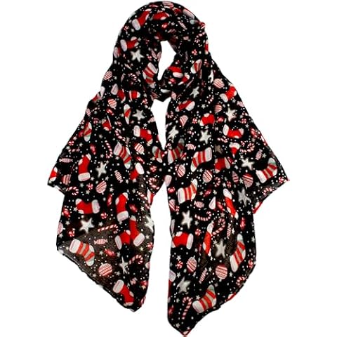 VIVIAN & VINCENT Holiday Gift Packed Soft Lightweight Sheer Fall Winter Christmas Scarf for Women Girls Teens Black Candy Cane and Santa Boots Cover