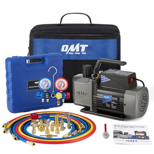 Image of Orion Motor Tech A2L AC Vacuum Pump and Gauge Set, 5 cfm 2 Stage Sparkless Ignition Proof Vacuum Pump for R1234yf R32 R134a R410A System, with 4 Way AC Gauges Quick Couplers Thermometer Can Taps Hoses