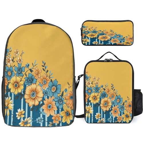 Printed Backpack With Lunch Pack Storage Box Case Yellow And Blue Floral 3pcs Lightweight Travel Backpack