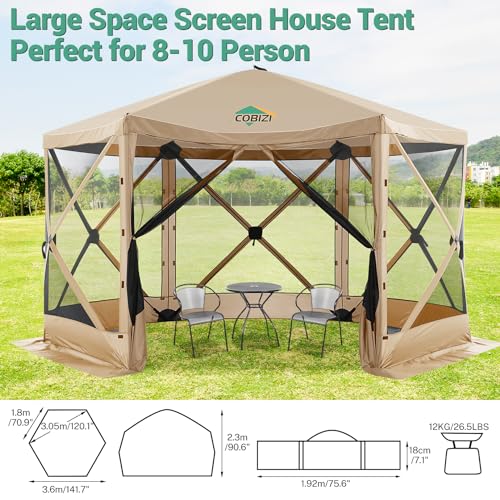 Image of COBIZI 12x12 FT Pop Up Canopy Shelter Tent, Large Gazebos On Clearance with Sidewalls, Screened in Gazebo, Screen Tents Portable carpas para Patio for Outdoor Camping, Backyard, Garden, Beach,Khaki