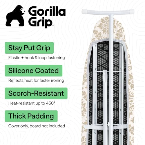 Image of GORILLA GRIP The Original Ironing Board Cover and Pad, Silicone Coating, 400F Scorch Resistant Thick Padding, Heavy Duty Iron Covers Standard Boards, Hook and Loop Fastener Strap, Damask 15x54