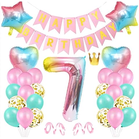 Birthday Pink Decoration 7 Years, Nytlivet Birthday Decoration 7 Years Girl, Giant Foil Balloon 7 Pink, Decoration 7th Birthday Girl, Colourful Foil Number Balloons 7, Banner and Ribbons (7) Cover