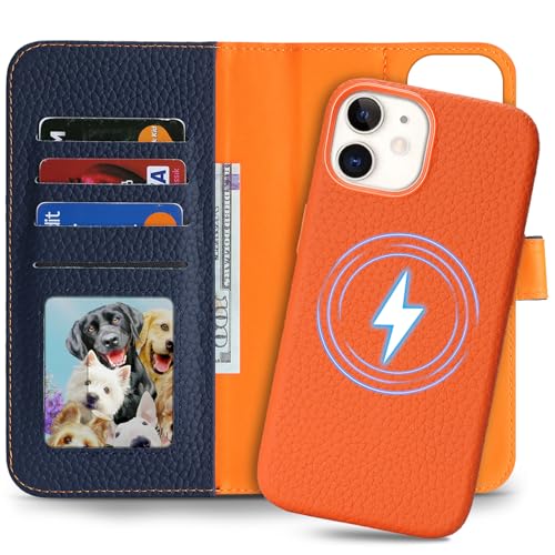 Image of Detachable Genuine Leather Case for iPhone 12 /12 Pro Wallet Case Magnetic 2in1 Removable Flip Cover Book Purse Compatible with Magsafe Charging Kickstand Card Holder-Navy Blue+Orange