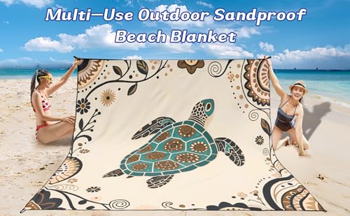 Image of WIWIGO Beach Blanket Waterproof Sandproof Beach Mat 79 inch X 83 inch /10'x9' for 2-8 Adults Turtle Pattern Picnic Mat Beach Accessories for Travel, Camping, Hiking