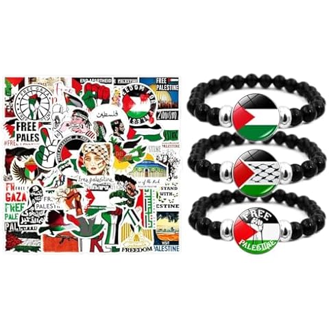 03 Palestine Flag Black Beaded Bracelet With 50 Free Palestine Stickers Adjustable Chain Palestinian Bracelet Palestine Jewelry For Women Men, Express Your Love In Style DIY Cover