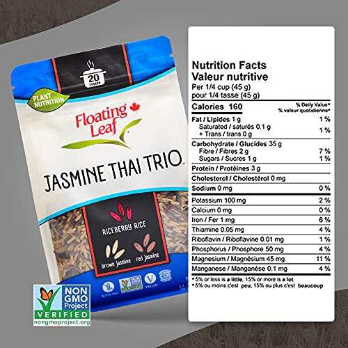 1 Pack x 14 ounces Jasmine Thai Trio, Riceberry Rice (Jasmine Black Rice), Brown Jasmine Rice and Red Jasmine Rice, Non Gluten, Non-Gmo, Kosher and Vegan - Floating Leaf