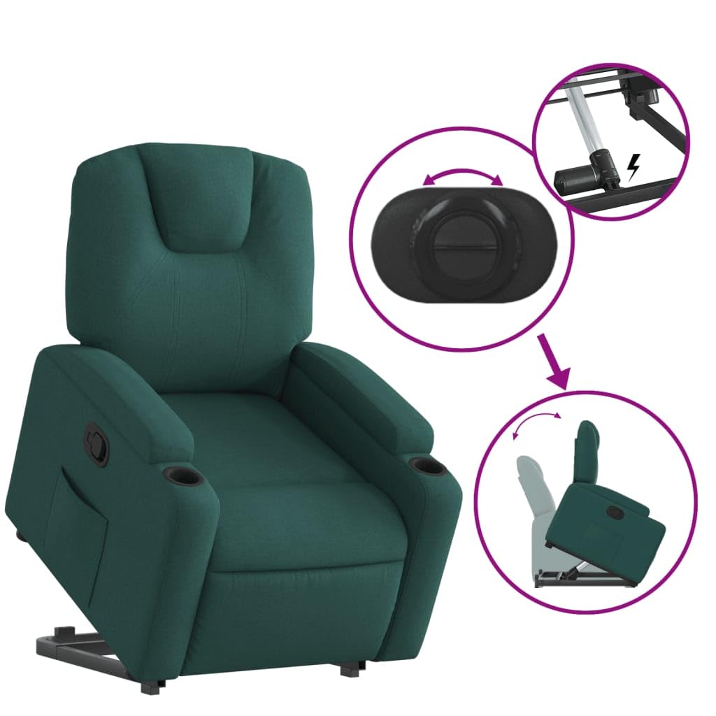 Sillón elevador reclinable verde oscuro de tela con motor eléctrico y función manual, asiento acolchado y estructura estable, cómodos portavasos y bolsillo lateral