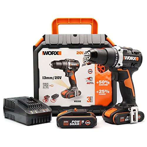 WORX Taladro atornillador Brushless 20V | PowerShare | WX102-2 baterías 2Ah, cargador y maletín | motor sin escobillas, portabrocas metálico | 2 velocidades, carcasa de engranajes metálica