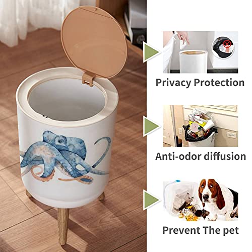 Image of Small Trash Can with Lid Watercolor Hand Drawn of Octopus in Blue Color Isolated on White Garbage Bin Wood Waste Bin Press Cover Round Wastebasket for Bathroom Bedroom Office Kitchen