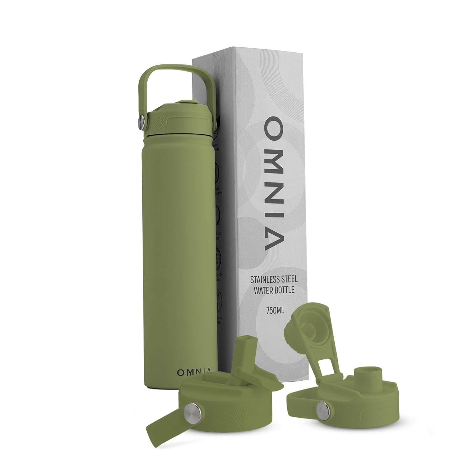 OMNIA Vacuum Insulated Stainless Steel Water Bottle, 2 Lids (Straw & Spout) Leakproof, BPA-Free, Reusable Flask for Sports, Gym, Travel, Outdoors (Olive Green, 750 ml)