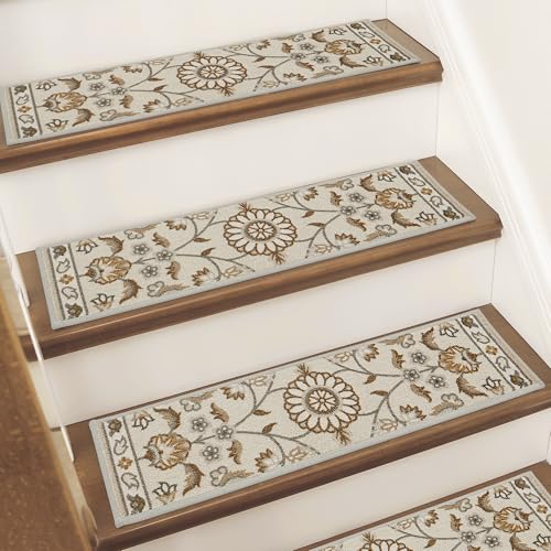 BEQHAUSE Stair Treads for Wooden Steps Non-Slip Machine Washable Carpet Stair Treads 8'X30' Soft Indoor Stair Rug Runner for Kids Elders and Pets, 100% Polyester, TPE Backing, 15pcs, Brown/Grey