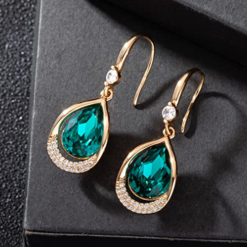 Austrian Crystal Halo Teardrop Hollow Drop Dangle Earrings For Women 14K Rose Gold Plated Hypoallergenic Jewelry (Emerald) #TOP4