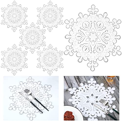 Christmas Snowflake Placemats Set Of 6 Embroidered Table Placemats Washable Round Snow Flake Table Mats For Xmas Party Winter Holiday Wedding Dinner Decoration(Snowflake Style, 14 X 14 Inch) #TOP12
