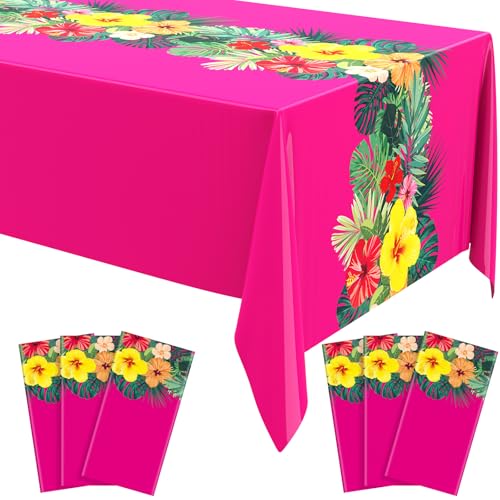 Image of Irenare 6 Sheets Hawaiian Luau Tablecloths for Party Decoration 54 x 108'' Tropical Palm Leaves Table Cloth Hawaii Disposable Rectangular Plastic Table Cover for Summer Beach (Rose Red)