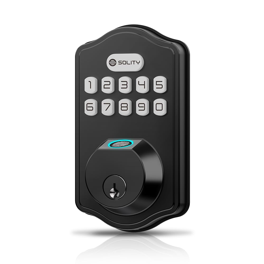 Solity Smart Digital Electronic Deadbolt Door Lock, Keyless Entry, Auto Lock, 50 Custom Codes & Fingerprints, Easy Installation, Keypad for Front & Back Door, AT10 Matte Black