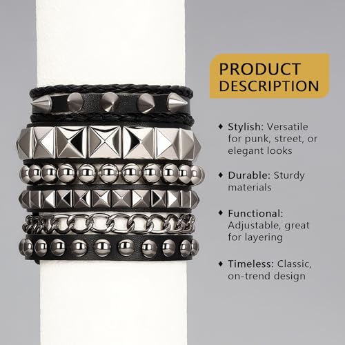4 PCS Punk Leather Rivets Bracelets,Punk Rock Leather Studded Bracelets,80s Wristband Emo Bracelet,Gothic Spike Cuff Bracelet Set for Men Women Rocker Outfits3