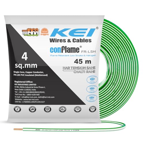 Image of KEI CONFLAME FRLSH 4 sqmm 1 Core Copper Heat Resistant Flame Retardant Low Smoke & Halogen - Lead Free House Wire for Domestic & Industrial Electrical Wiring (Green, 45 Meters)