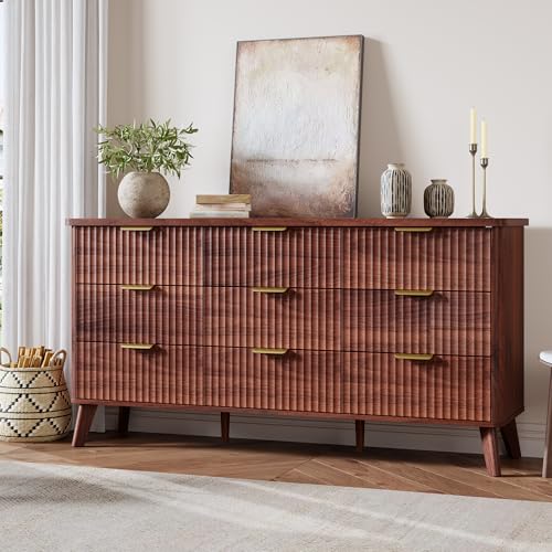 Garvee 9 Drawers Dresser for Bedroom, 60.6" Wide Dressers with Curved Profile Design, Fluted Wood Drawers with Gold Handle, Modern Chest of Dressers w