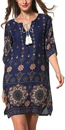 ARANEE Women's Bohemian Vintage Printed Loose Casual Boho Tunic Dress (Small, Grid Blue)