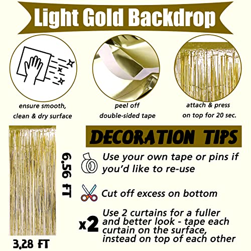 Image of 4 Pack Light Gold Fringe Curtain Backdrop, 3.2Ft x 6.6Ft Metallic Tinsel Foil Fringe Streamers Background for Photo Booth Birthday Wedding Baby Shower Carnival Easter Mother's Day Party Decorations