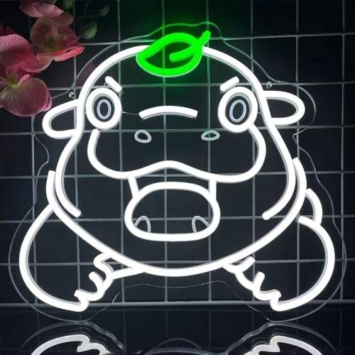 Image of Cute Hippo Neon Sign, Pygmy Hippo Neon Light Signs for Wall Decor, Dimmable Creative Hippopotamus Night Light with Green Leaf Led Signs for Kids Adults Fans Presents Living Room Bedroom Birthday Party