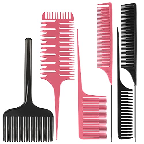 6 Pieces Hair Combs Set Hair Dyeing Comb Weaving Highlighting Foiling Hair Comb 3-Way Hair Highlighting Sectioning Comb Rat Tail Lifting Comb Styling Hair Dyeing Combs for Hair Coloring, Black, Pink