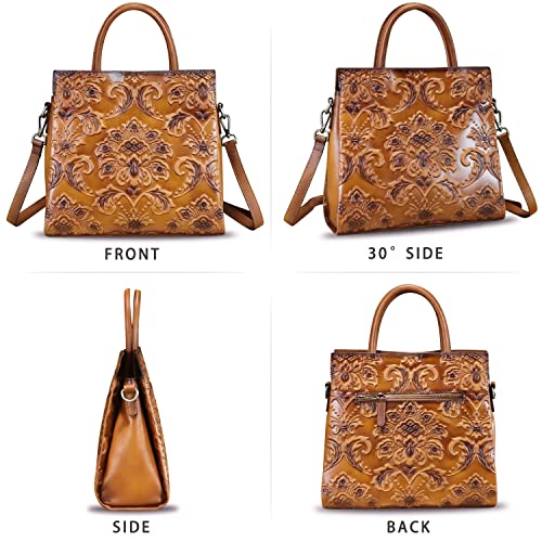 Image of Genuine Leather Satchel for Women Top Handle Handbag Handmade Embossed Vintage Satchel Crossbody Handbags Purse Bag