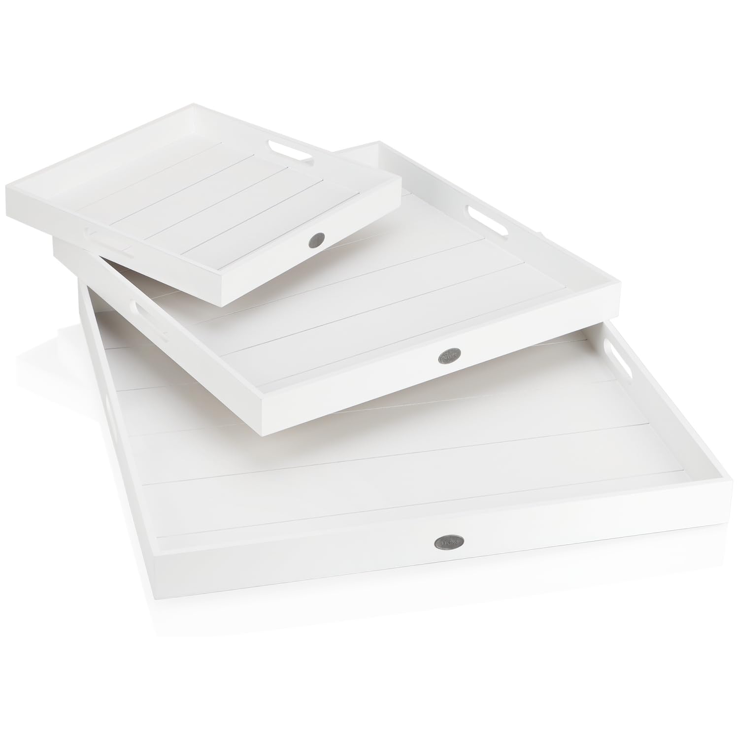 COM-FOUR® Set di vassoi in legno da 3 pezzi - tavole decorative vintage, 3 misure - vassoi da portata bianchi con piccola placca in metallo - ciotole decorative con manici (03 pezzi - vassoio bianco)