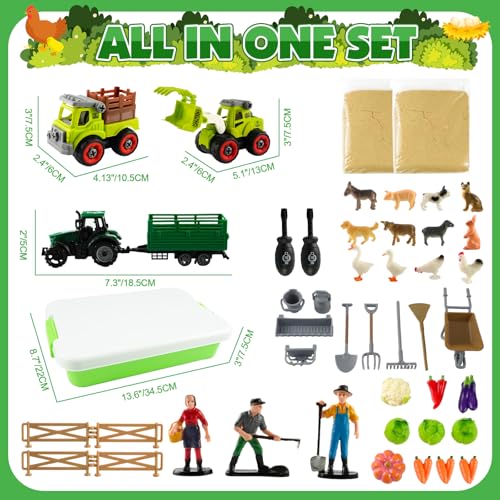 MYDOVA Bauernhof Thema Sensorische Bin, DIY Spielsand Sandbox mit 1 KG Magic Toy Sand,Bauernhof Spielzeug und Traktor Spielzeug, Lernspielzeug Geschenke für Kinder ab 3+