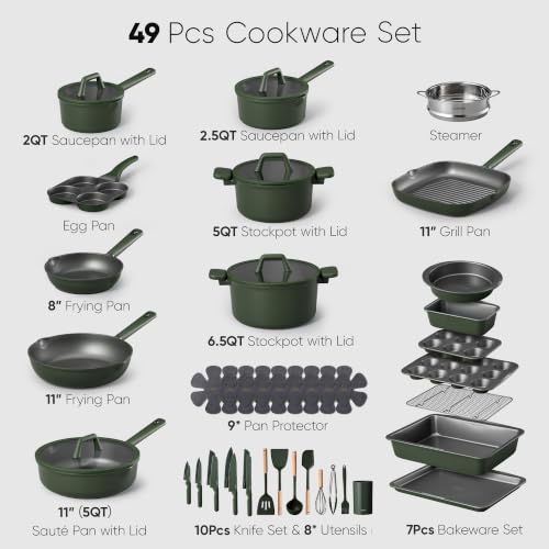 Image of CAROTE 49pcs Nonstick Cookware Set, Pots and Pans Set with Bakeware | Cooking Set with Silicone Lids, Ultra Durable, Easy Clean, Induction Compatible, Even Heating, with Knife Set, Green
