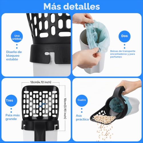 Miniatura 4 de Mypin Cuchara De Arena Para Gatos, Pala Mejorada Para Excrementos De Gatos Con Soporte, Bandeja De Arena Con Bolsa Y Cubo De Residuos, Pala De Arena Para Gatos Con 135 Bolsas De Basura Adicionales,