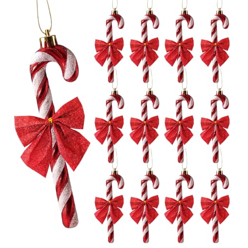 Candy Cane Christmas Decorations 24 Piece Holiday Ornament Set with 12 Candy Canes and 12 Red Bows Candy Canes Christmas DecorationsFestive Tree Decor for Xmas Gift Home Party Ornaments