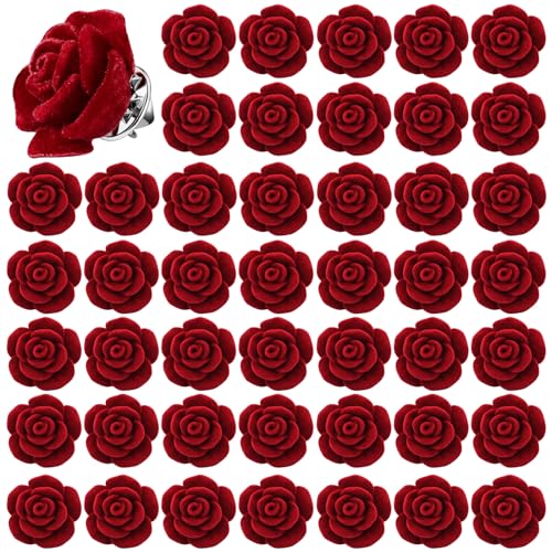 Yuxung 50 Pcs Red Rose Lapel Pins Rose Flower Brooches flocking Floral Lapel Pins for Wedding & Formal Attire Bridal Party Accessories for Bride Groom, Guests Elegant Unisex Collar Clips Creative Gift
