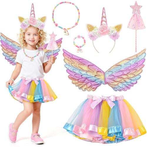 Vinvovojoy 6 Pcs Deguisement Licorne Fille Princess Enfant, Jupe Tutu avec Ailes, Bandeau, Baguette de Fée, Bracelets et colliers, Halloween Carnaval Fête...