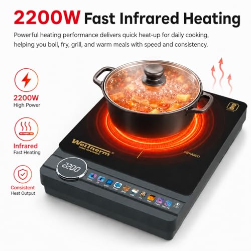 Image of WelTherm 2200W Infrared Cooker with Grill & Premium Color Touch Panel & LED Display | Adjustable Temperature & Power Control | Works with All Cookware | Portable Electric Cooktop | Timer & Child Lock