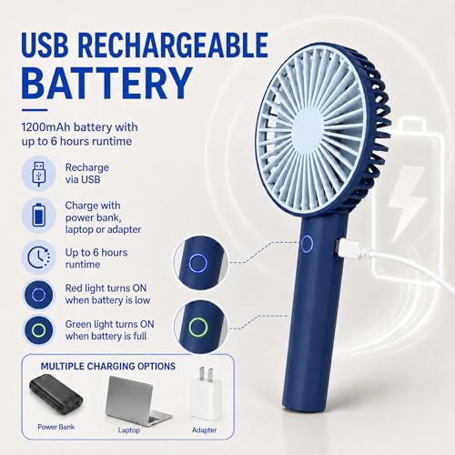 Image of TEQO Rechargeable Hand Fan 4800 RPM High Speed | 1200mAh Battery, Up to 6 Hours Runtime | Portable USB Fan with Mobile Stand & RGB Light | 3 Speed Personal Mini Fan for Travel, Makeup (Blue)