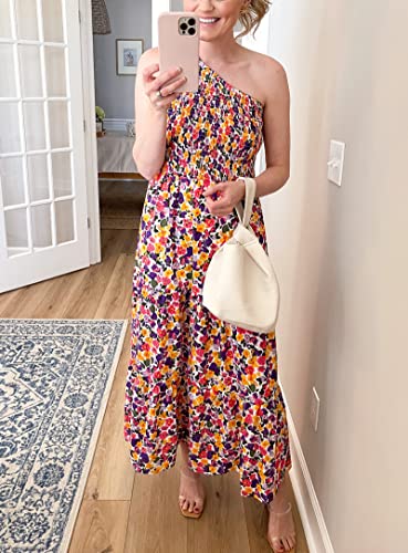 Btfbm Women One Shoulder Sleeveless Casual Summer Dresses 2023 Smocked High Waist Floral Flowy Beach Boho Maxi Dress(Floral White Purple, Large) #TOP2