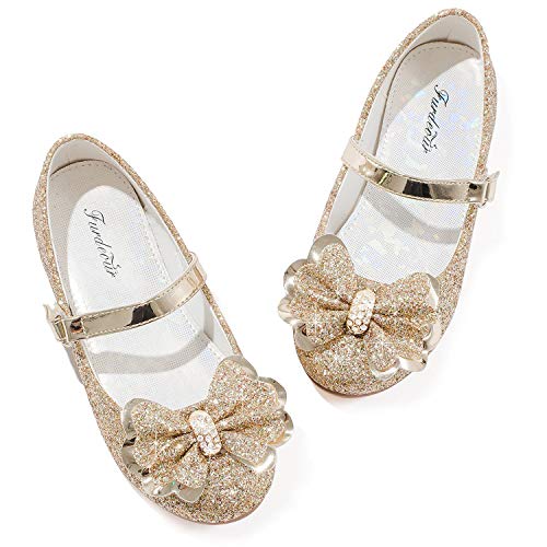 Furdeour Glitter Mary Jane Flower Shoes for Girls Babys Party Dress Shoes Size 8 0-6 T Toddler School Uniform Flats for Girls Performance Princess Platform (Gold 8)