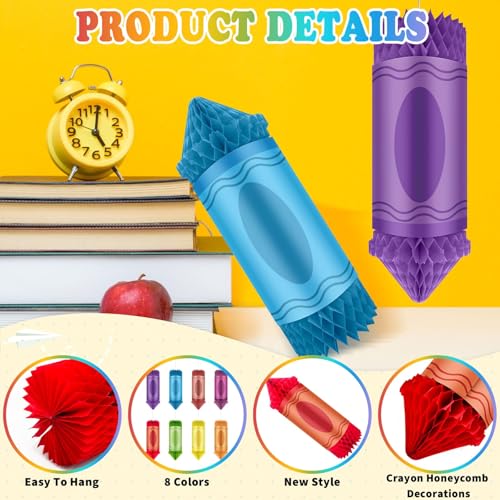 Image of 12PCS Crayon Theme Classroom Decor Preschool Kindergarten Back to School First Day of School Decor Classroom Hanging Ceiling Decorations Colorful Crayon Honeycomb Decorations