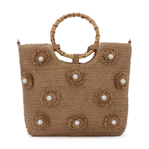 Bolso tote de paja para mujer con asa floral miniatura 1