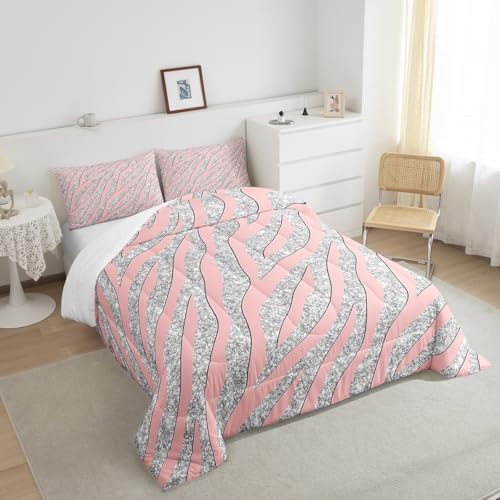 Image of Feelyou Women Leopard Bedding Set Girls Pink Silver Print Comforter for Kids Boys Teens Glitter Zebra Safari Animal Quilt Room Decor Duvet All Season King Size