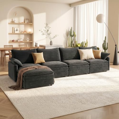 Image of Vesgantti 142 inch Cloud Couch Sectional Modular Sofa, Comfy Sectional Couch with Ottoman Deep Seat Corduroy L Shaped Sofa, Modular Couches for Living Room, Bedroom and Apartment, Gray