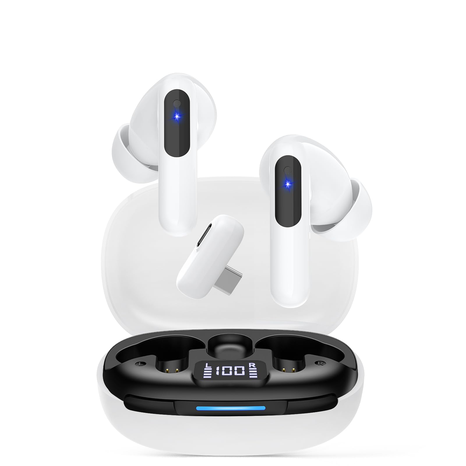 RYR Wireless Gaming Earbuds, 20ms Low Latency, Gaming Earbuds with Noise Cancelling Mic, 2.4Ghz & Bluetooth, LED Display, 36H Playtime for Meta Quest 3/2, PS5, PS4, VR, Switch, Steam Deck, PC, Phone White
