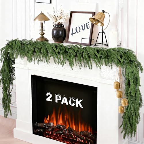 2Pcs Christmas Norfolk Pine Garlands Real Touch Winter Pine Garland Full Green Artificial Greenery Garland for Table Mantle Fireplace Wall Indoor Outdoor Christmas Decorations (2 6 FT)