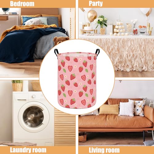 Image of Round Laundry Basket Collapsible Storage Hamper Flower Strawberry | Waterproof Canvas Foldable Baskets with sturdy Handles Multi-scene Organizer for Home Play Bedroom Gift Bin