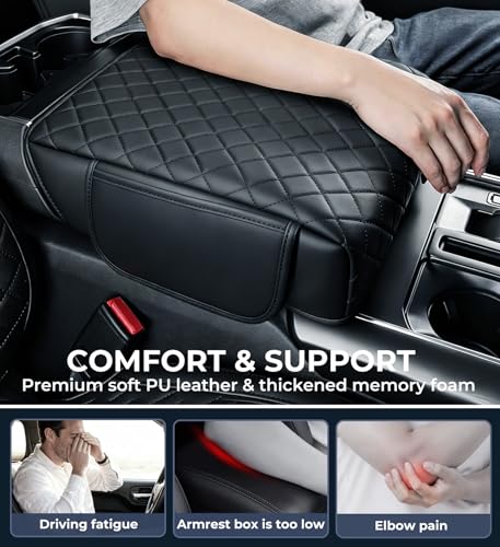 Image of Center Console Cover for Ford F150 2026 2025 2024 2023 2022 2021, Fits Bucket Seat Only, 1.2-Inch Thick PU Leather Armrest Cushion Protector with 2 Side Pockets for 2021-2026 F-150, Black