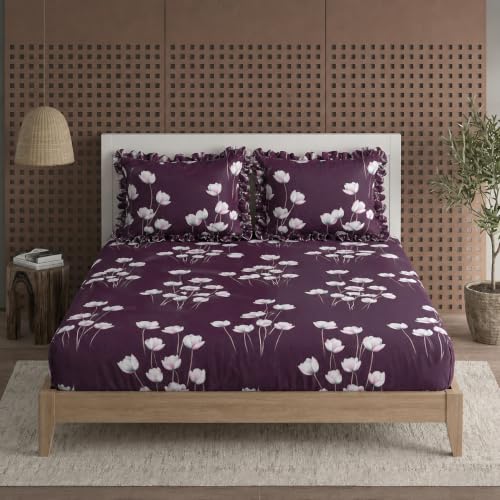 Image of Elastic Fitted King Size Bedsheet Cotton for Double Bed | 72 inchx78 inch +10 Inch, Floral, Soft & Breathable, Fade & Shrink Resistant, 2 Pillow Covers (Deep Plum)