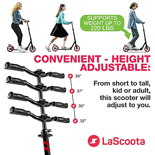 LaScoota Kick Scooter for Adults & Teens. Perfect for Youth 12 Years and Up and Men & Women. Lightweight Foldable Adult Scooter with Large Sturdy Wheels 220lbs (Teen, Red)