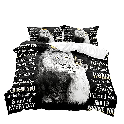 Vivihome 3Pcs Lion King & Queen Bedding Set, African Safari Animal Black Bedding, Comforter Cover, Wedding Valentines Bedroom Decor For Couples, Romantic Lion Couple Gifts, I Choose You, 2 Pillowcases #TOP1