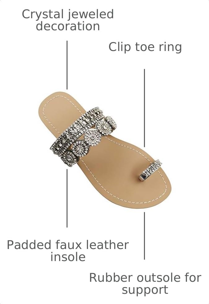 Image of Women's Rhinestone Flat Sandals, Women Flip Flops with Clip Toe RingBeadeed Rhinestone Crystal Jeweled Sandal Shoes for Summer Beach Oceanside Holiday Outdoor